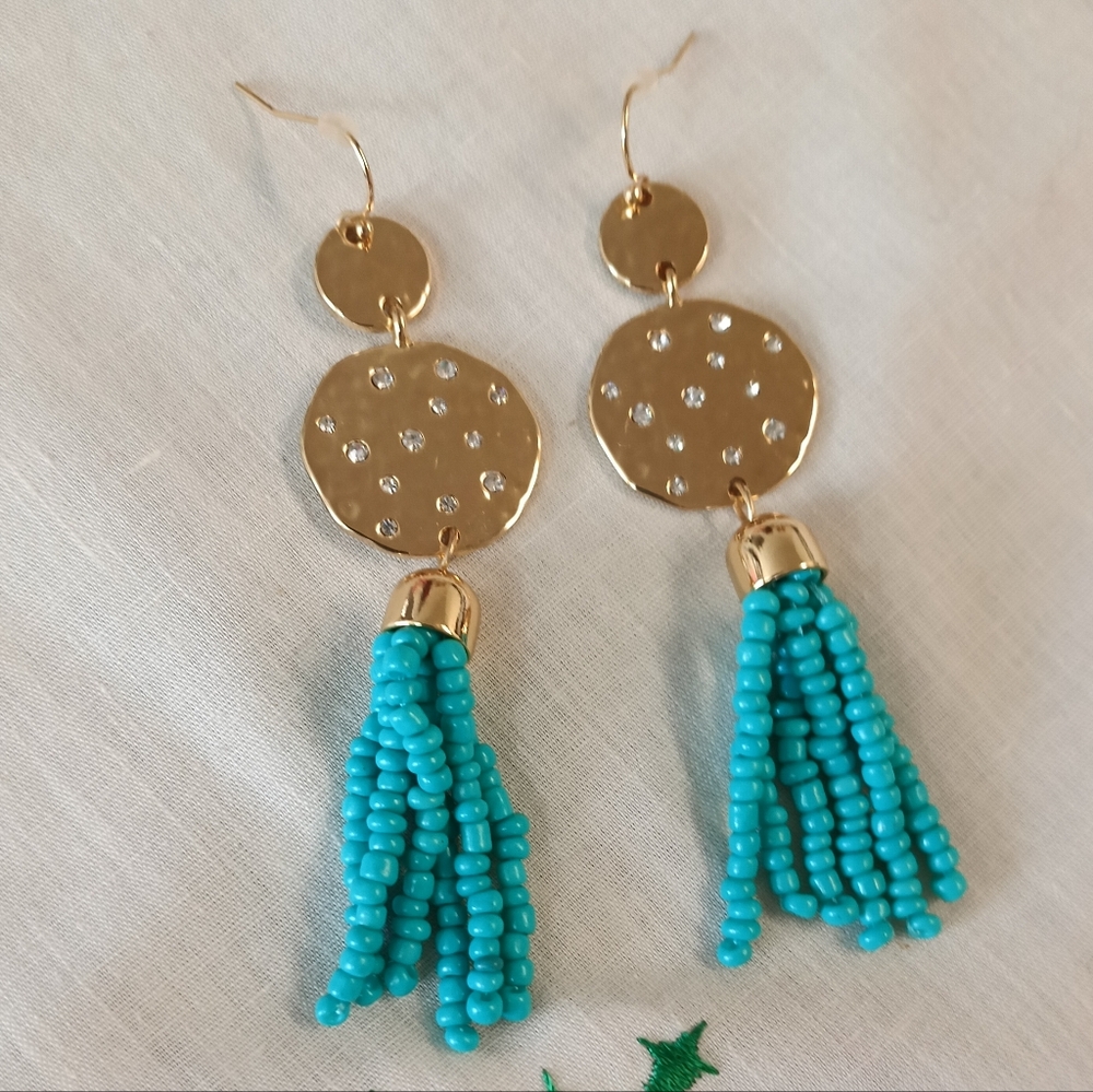NWOT Gold and Turquoise Beaded Tassel Earrings